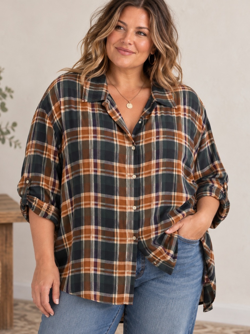Plaid Rayon Oversized Button Down Shirt